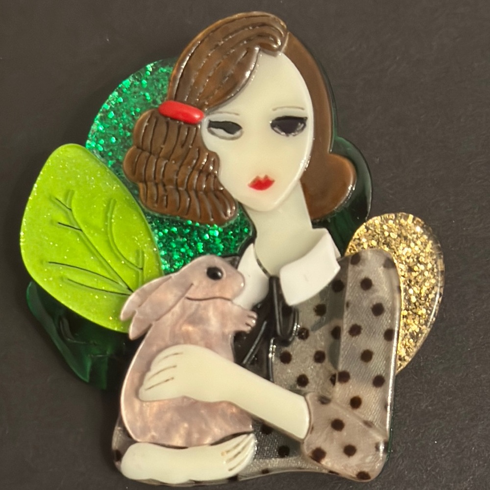 ๐๐SOLD 3D Layered Lady with Rabbit Brooch Pin - Picture 2 of 11